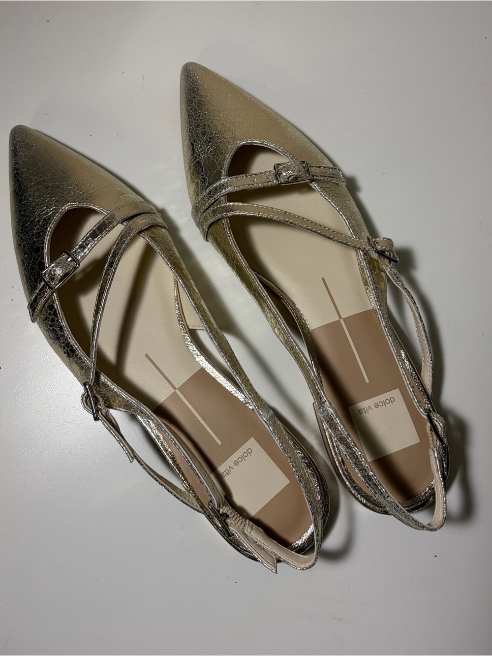 Dolce Vita Metallic Gold Pointed Slingback Flats with Cross Straps